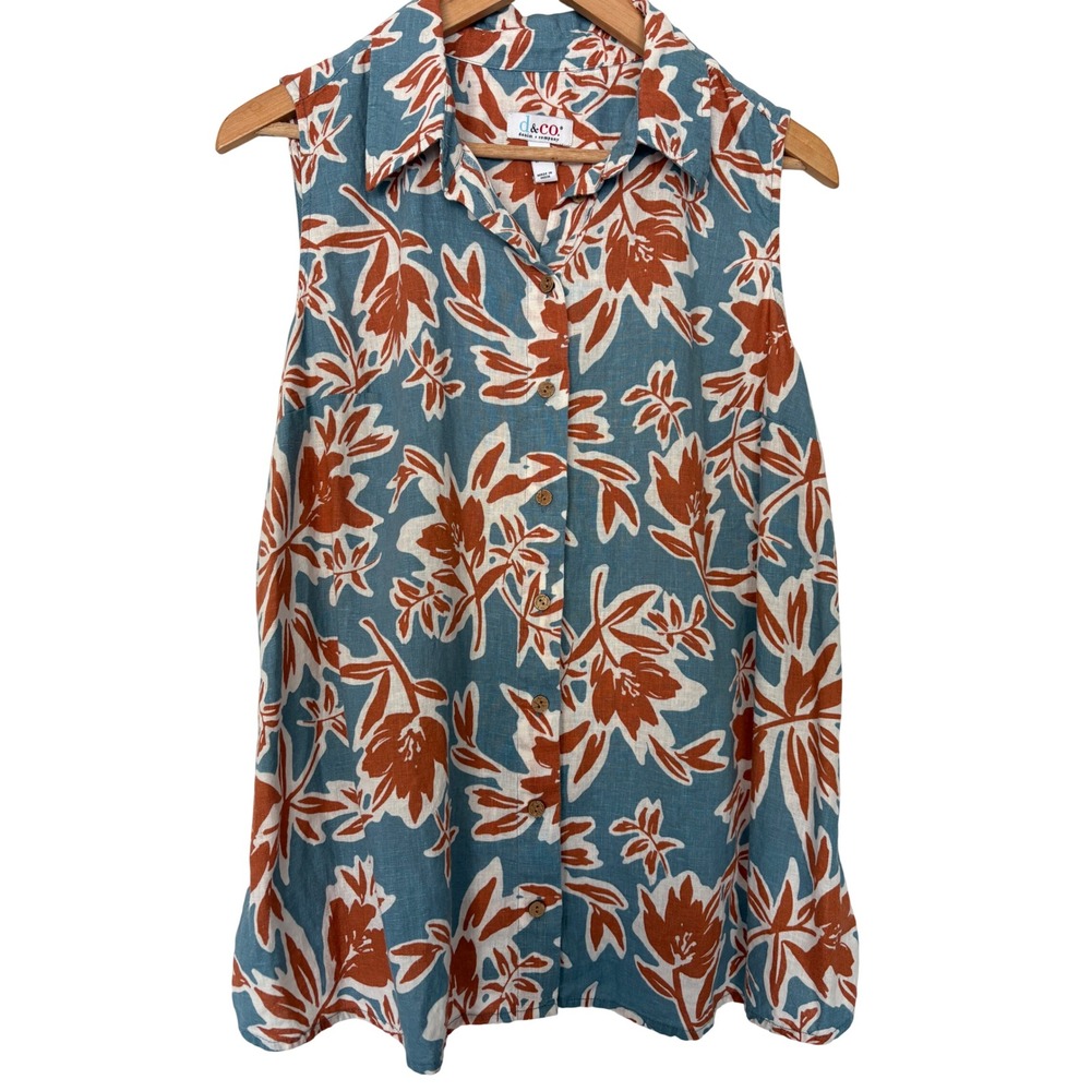 Denim & Co L Linen‎ Viscose Earthy Camp Vintage Vibes Shirt Wood Buttons Floral